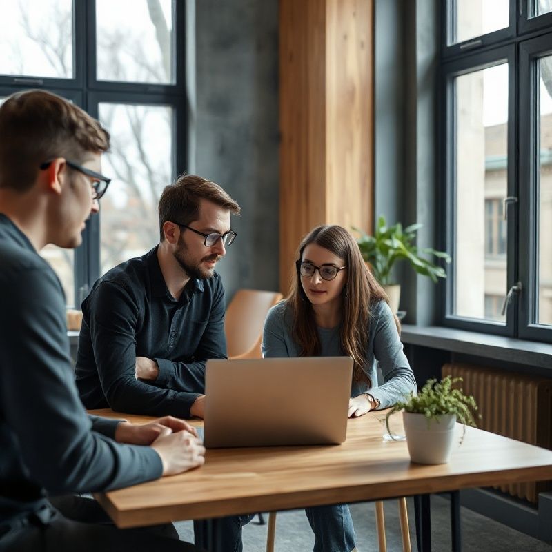 Kleines Skillreference-Team an einem Laptop in einem Leipziger Büro